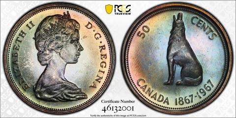 PL65 1967 Canada Silver Proof Fifty Cents, PCGS Secure- Rainbow Toned Cover