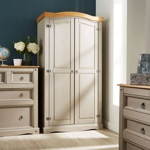 Corona Pine Wardrobe 2 Door Hanging Rail Shelf Solid Wood Waxed Bedroom Grey - Picture 1 of 1