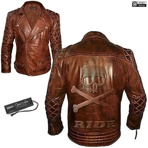 Herren Brando klassische Diamant Biker Lederjacke mit geprägtem Schädel & Knochen - Bild 1 von 8
