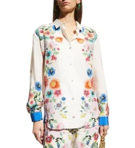 Johnny Was Gali 100% Silk Button Down Shirt XL Floral Boho Roll Tab Sleeves New - Picture 1 of 9