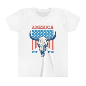 America Est. 1776 Cow Skull Youth Short Sleeve Tee - Picture 1 of 19