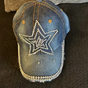 Distressed Denim Baseball Cap STAR Rhinestone Embellished Womens Adjustable Hat - Picture 1 of 8