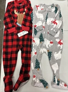 NEW Lot Of 2 Carter’s Zip Up Red Plaid Footed Pajamas Pjs Moose Polar Bear 18M - Picture 1 of 3