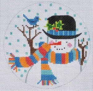 Needlepoint Handpainted Christmas Danji Snowman Bluebird 4" - Picture 1 of 1