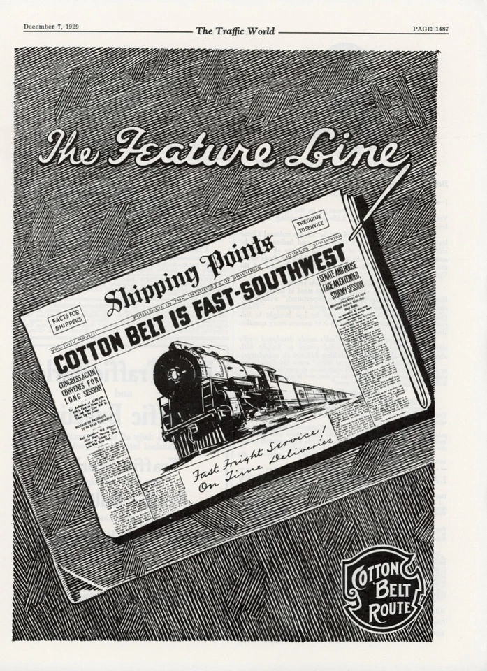 1929 Cotton Belt Route Railway Ad Fast Southwest Railroad Freight Steam Train - Image 1 of 1