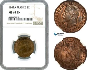 AJ583, France, Napoleon III, 5 Centimes 1862 A, Paris Mint, NGC MS63BN - Picture 1 of 1