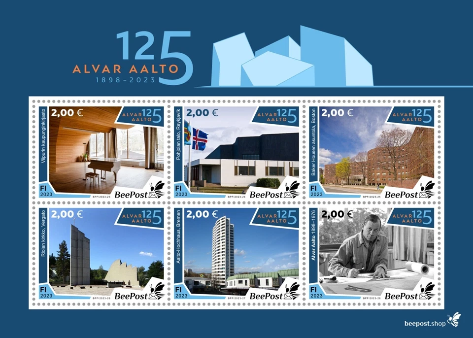 125 estampillas Alvar Aalto arquitecto finlandés diseñador MNH 2023 BeePost Finlandia M/S Foto 1 de 1