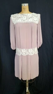 Romantic Willowy Semi-Sheer Vtg 80s Does 20s Taupe Chiffon Dress Lace Collar 11 - Picture 1 of 10