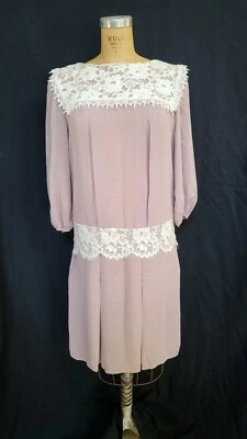 Vestido Romántico Sauce Semi Transparente De Colección Años 80 Hace 20 Taupe Chifón Cuello Encaje 11 Foto 1 de 4