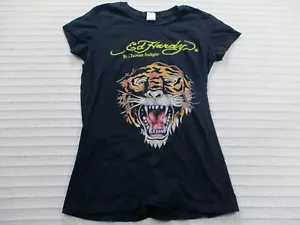 Ed Hardy Womens Shirt Medium Black Y2K Tiger Short Sleeve Crew Neck Solid Cotton - Picture 1 of 11