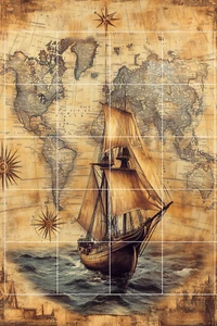 WELTKARTE & SEGELSCHIFF POSTKARTE Sammelalbum Karte Topper Junk Journal Kunstkarte - Bild 1 von 2