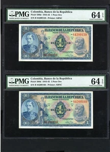 COLOMBIA Consecutive Banknotes P380d , 1944 -45 , 1 Peso Oro , PMG 64 EPQ - Picture 1 of 2