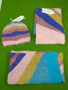 Cat & Jack Girls Sparkly Rainbow Knit Hat 46” Multicolored 2 Scarf Set OSFM NWT - Picture 1 of 2