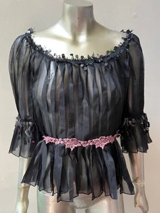 Designer Organza Sheer Ric Rac Chic Black Party Top pleated Blouse S - Picture 1 of 3