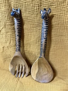 Vintage Hand Carved Wooden Zebra Salad Serving Spoon & Fork Utensils 12-1/2” L - Picture 1 of 8