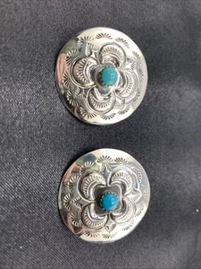 Vintage Native American Sterling Silver Genuine Turquoise Circular 1in 5.4g Each - Picture 1 of 4