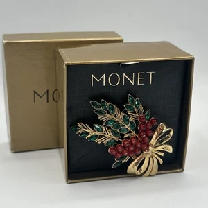 Signed MONET holiday Bow Mistletoe Floral Leaf Brooch Gold Finish Holly - Picture 1 of 7