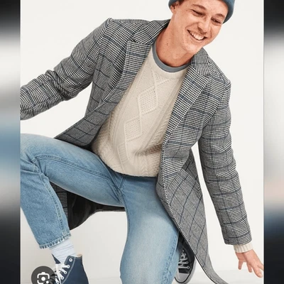 Abrigo largo gris a cuadros Old Navy para hombre mezcla de lana de gran tamaño dinero antiguo Foto 1 de 4