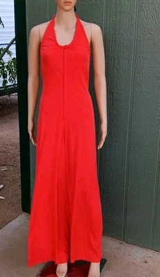 Vtg 1970s Coral Red Halter Wrap Jumpsuit With Ties Disco Era Wide Leg Size Small - Image 1 of 4