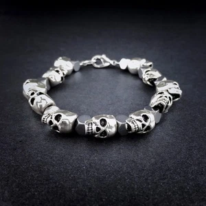 💀 Silver Skull & Hematite Beaded Bracelet Handmade Men’s Jewelry - Picture 1 of 5