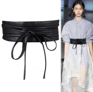 Women Faux Leather Belt Corset Waistband Obi Wide Japanese Retro Tie Pleated - Picture 1 of 4