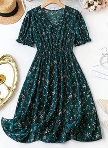 Dark Green Floral Maxi Dress Short Sleeve V-Neck 3XL US Size 18 New Free Ship - Picture 1 of 2