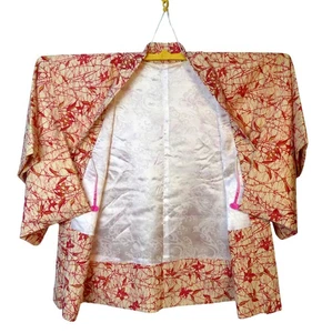 Vintage Haori Kimono Jacket O/S Red Pale Beige Floral Watercolor Silk Blend - Picture 1 of 10