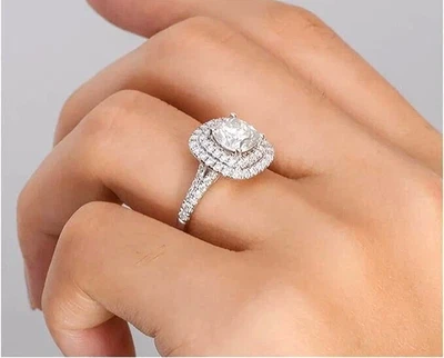 14k Solid White Gold Halo Promise Cushion Cut 3.00TCW Moissanite Engagement Ring - Image 1 of 4