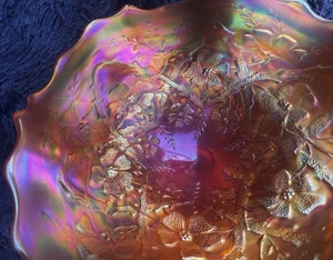 NORTHWOOD BLOSSOMTIME DEEP MARIGOLD CARNIVAL GLASS FTD COMPOTE W/WILD FLOWER EXT - Picture 1 of 11
