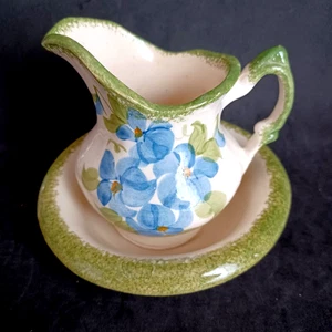 Pitcher and Bowl Small Cash Family Handpainted Green Spongeware Blue Flowers 5" - Picture 1 of 20