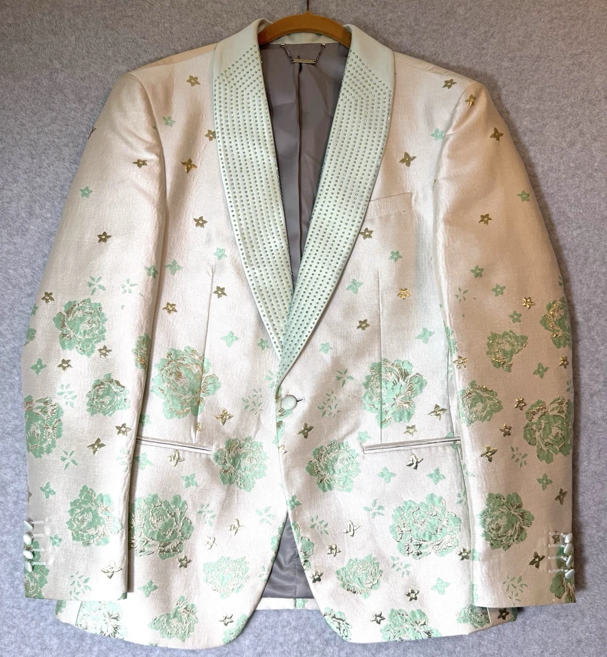 Chaqueta Blazer BARABAS Marfil Verde Menta Floral Estrás 42R Grande Calce Ajustado Foto 1 de 4