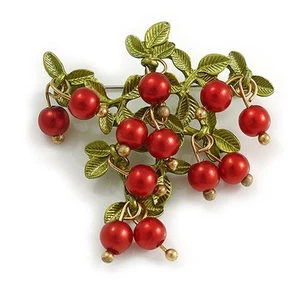 Exquisite rote Beere Blumenmuster grüne Emaille Brosche - 45 mm quer - Bild 1 von 5