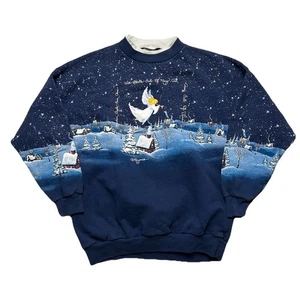 Vintage Winter Christmas Sweater Angels From Above Grandma Blue Sz M - Picture 1 of 4