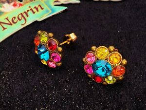 Michal Negrin Flower Stud Post Earrings w/ Swarovski Crystals Multicolor Floral