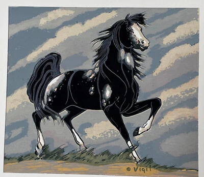 Frank Vigil Apache Serigrafía Pintura Negro Blanco Appaloosa Mustang Caballo Foto 1 de 4