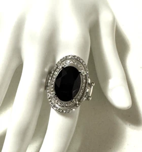 Vintage Black Clear Rhinestones Stretch Band Ring Silver Tone Costume Estate - Picture 1 of 8