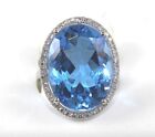 Natural Oval Blue Topaz & Diamond Halo Solitaire Ring 14k White Gold 21.43ct 
