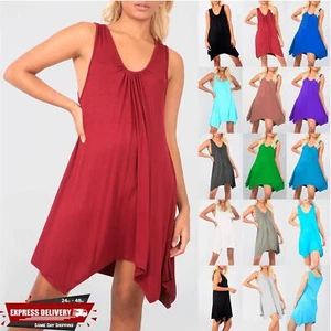 Mini Sleeveless Hanky Hem Stretchy Ruched Top Flared Womens Swing Dress - Picture 1 of 14