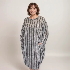ROCKTHOSECURVES WOMENS DRESS GREY / BLACK STRIPED PLUS SIZE WITH SPARKLY THREAD - Picture 1 of 12