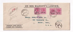 BAHAMAS - Sg97 2 x pairs on Her Majestys service registered cover to USA - 1918 - Picture 1 of 2