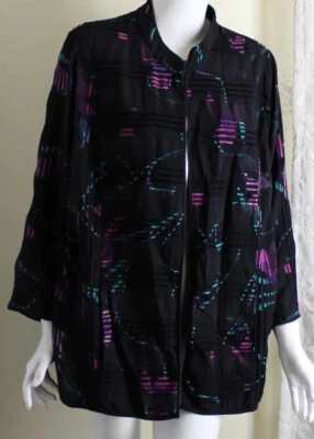 Chaqueta abierta modernista Picadilly 18 1X XL Art-to-Wear verde azulado púrpura con bolsillos negra  Foto 1 de 4