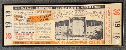 Framed Baltimore Orioles 1958 All Star Game 13x35 Canvas Mega Ticket 7/8/58 Cover