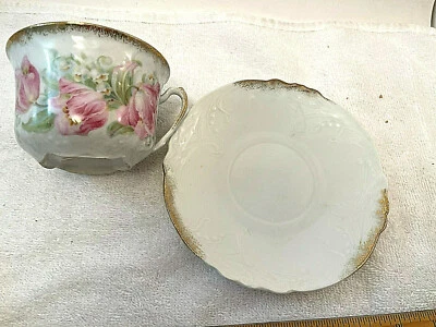 Very VTG Porcelain Cup & Saucer Pink Roses Gold Detail Bavarian  - Image 1 of 3