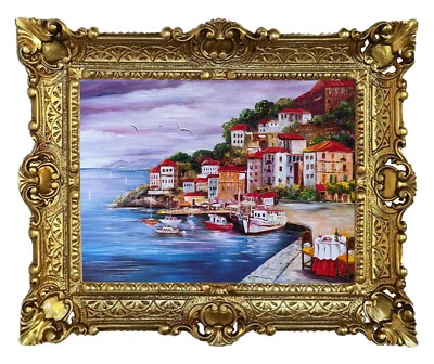 Beautiful Painting 56x46cm By. Rajco - Terrace with Sea View Antique Repro Loo - Image 1 of 3