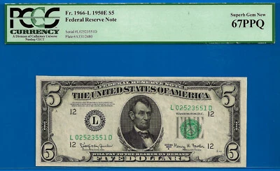 1950E $5 Federal Reserve Note PCGS 67PPQ 2nd Finest LD Block - Image 1 of 2