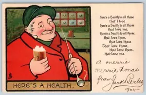 1905 HIER IST EIN GESUNDHEITSTOAST MANN TRINKT BIER RAUCHEN PFEIFE TUCK'S HUMOR POSTKARTE - Bild 1 von 2