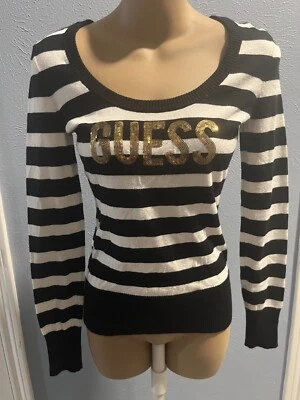 Suéter GUESS Lentejuelas, Rayas, Manga Larga, Negro, Talla Pequeña Foto 1 de 4