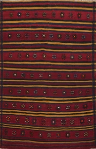 Red Wool Kilim Rug 5x7 Vegetable Dye Flat-weave Striped Carpet for Any Room - Picture 1 of 11