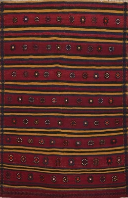 Red Wool Kilim Rug 5x7 Vegetable Dye Flat-weave Striped Carpet for Any Room - Image 1 of 4