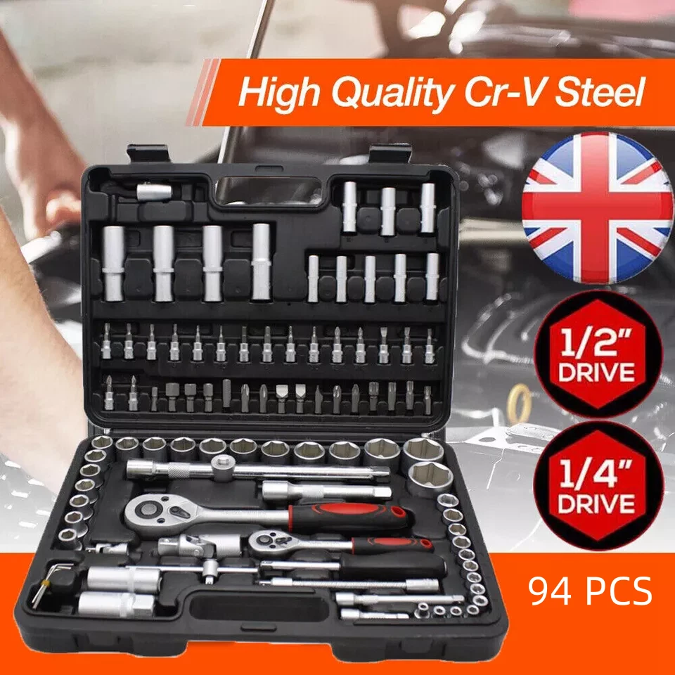 94PC 1/2" 1/4" Socket Set & Screwdriver Bit Torx Ratchet Case Tool Kit - Image 1 of 4